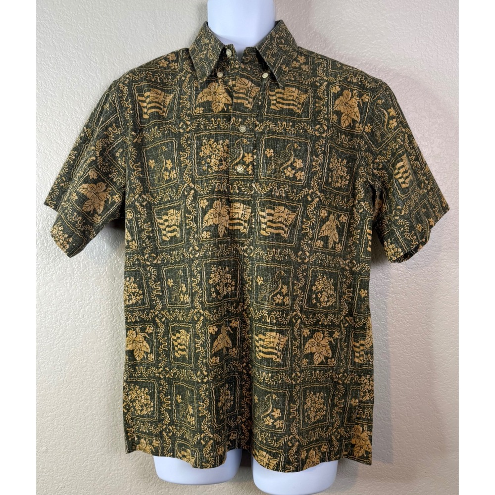 Reyn Spooner Mens M Shirt Henley Green Reverse Print Hawaiian Flag USA Made
